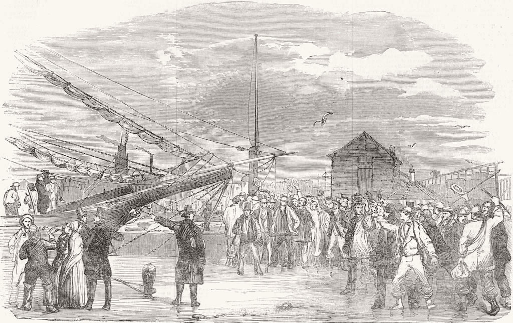 CHESHIRE. Navvies boarding, Birkenhead Docks 1854 old antique print picture